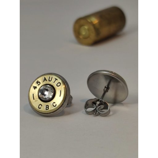 Töltény fülbevaló bedugós  .45 Auto választható kristály