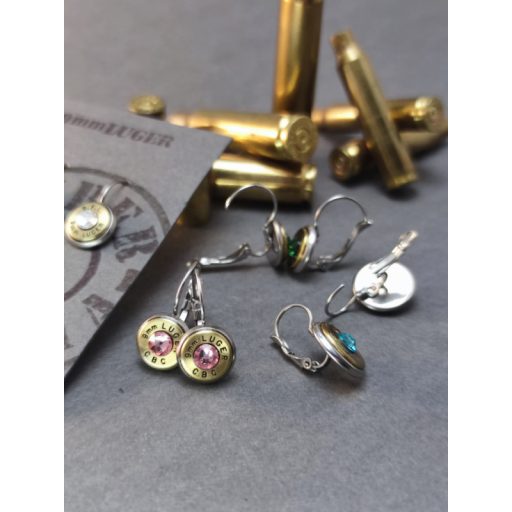 Töltény fülbevaló, franciakapcsos, vadász ékszer 8x57 JS választható kristály