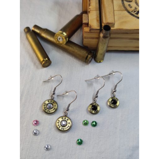 Töltény fülbevaló, csüngős, vadász ékszer .223 Rem választható kristály