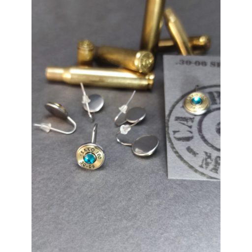 Töltény fülbevaló, akasztós, vadász ékszer, 8x57 JS választható kristály