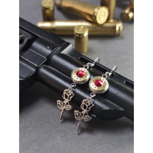 9mm Luger töltény fülbevaló Rózsás-csüngős, választható kristály