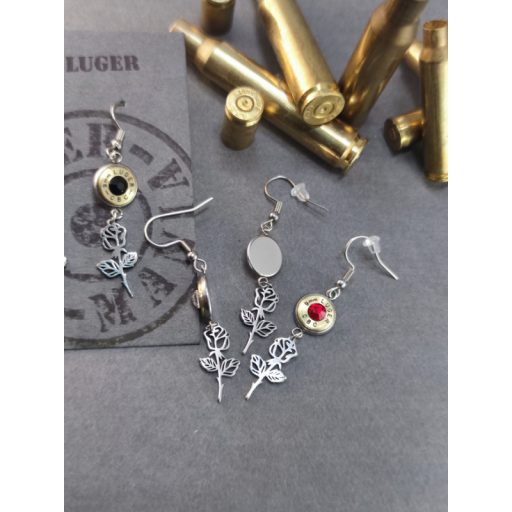 9mm Luger töltény fülbevaló Rózsás-csüngős, választható kristály