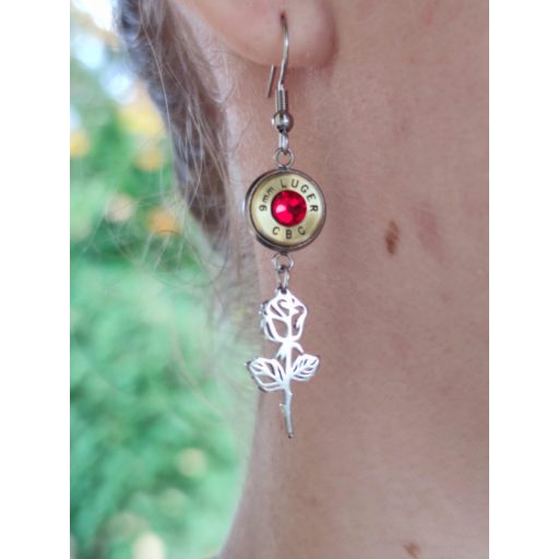 9mm Luger töltény fülbevaló Rózsás-csüngős, választható kristály