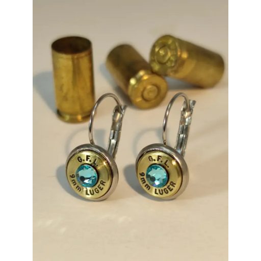 9mm Luger töltény fülbevaló franciakapcsos, többféle kristállyal