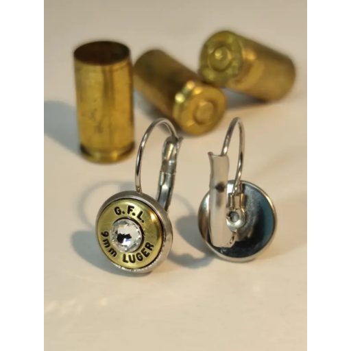 9mm Luger töltény fülbevaló franciakapcsos, többféle kristállyal