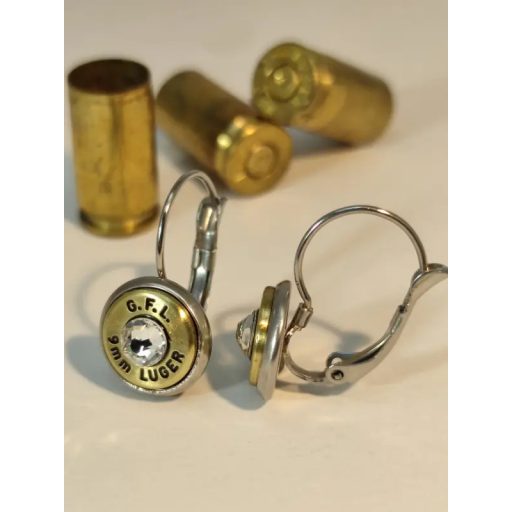 9mm Luger töltény fülbevaló franciakapcsos, többféle kristállyal