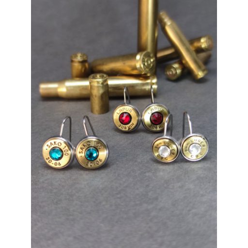 9mm Luger töltény fülbevaló akasztós, választható kaliber és kristály