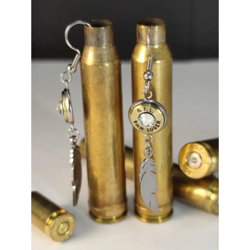 9mm Luger töltény fülbevaló tollas-csüngős, választható kristály