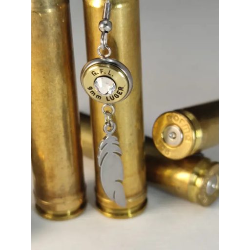 9mm Luger töltény fülbevaló tollas-csüngős, választható kristály