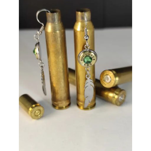 9mm Luger töltény fülbevaló tollas-csüngős, választható kristály