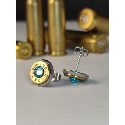 9mm Luger töltény fülbevaló bedugós, választható kristály