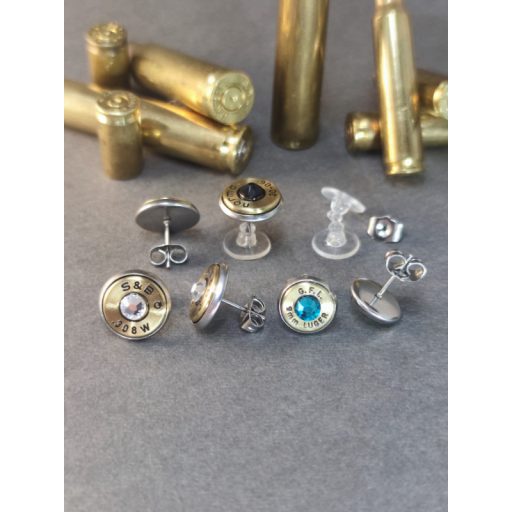 9mm Luger töltény fülbevaló bedugós, választható kristály